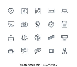 Set Of 20 linear icons such as Group, Target, Chat, Presentation, Wallet, Laptop, Chronometer, Gear, Hierarchical structure, Briefcase, Contract, editable stroke vector icon pack