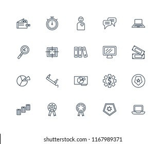 Set Of 20 linear icons such as Laptop, Shield, Prize, Newspaper, Presentation, Pie chart, Target, Employee, editable stroke vector icon pack