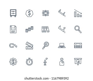 Set Of 20 linear icons such as Presentation, Employee, User, Chronometer, Gear, Bar chart, Phone call, Magnifying glass, Magnet, Newspaper, Target, editable stroke vector icon pack