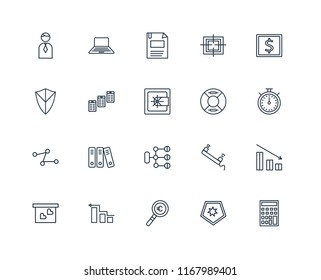 Set Of 20 linear icons such as Calculator, Shield, Magnifying glass, Diagram, Presentation, Atm, Lifeguard, Line chart, Newspaper, Diskette, editable stroke vector icon pack