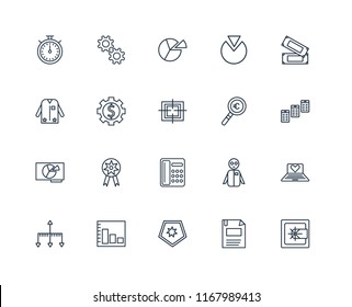 Set Of 20 linear icons such as Safebox, Newspaper, Money, Pie chart, Hierarchical structure, Gear, Group, Suit, editable stroke vector icon pack