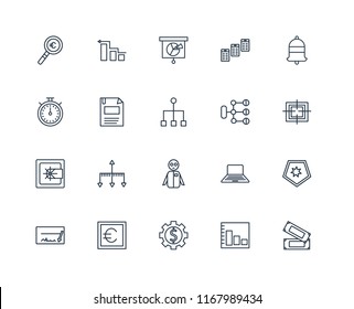 Set Of 20 linear icons such as Money, Bar chart, Gear, Euro, Cheque, Bell, Diagram, Group, Safebox, Diskette, Analytics, editable stroke vector icon pack