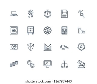 Set Of 20 linear icons such as Money, Diagram, Analytics, Diskette, Newspaper, Prize, Magnet, Safebox, editable stroke vector icon pack