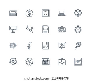 Set Of 20 linear icons such as Safebox, Briefcase, Calendar, Gear, Shield, Contract, Target, Phone call, Euro, editable stroke vector icon pack