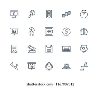 Set Of 20 linear icons such as Cone, Laptop, Chronometer, Presentation, Phone call, Pie chart, Dollar, Diskette, Contract, Prize, Smartphone, editable stroke vector icon pack