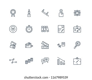 Set Of 20 linear icons such as Wall clock, Bar chart, Chat, Newspaper, Line Target, Contract, Money, Cit card, Chronometer, Phone call, editable stroke vector icon pack