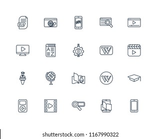 Set Of 20 linear icons such as Smartphone, Ebook, Search engine, Video player, Mp3, Wikipedia, Science book, Lecture, Vocabulary, editable stroke vector icon pack