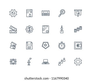Set Of 20 linear icons such as Gear, Group, Laptop, User, Target, Presentation, Idea, Shield, Cit card, Money, editable stroke vector icon pack