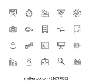 Set Of 20 linear icons such as Analytics, Magnifying glass, Briefcase, Employee, Bar chart, Gear, Line Euro, Bell, Magnet, Money, editable stroke vector icon pack