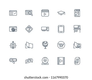 Set Of 20 linear icons such as Xls, Video player, Webcam, Chat, Search engine, Vocabulary, Tablet, Geography, De, Question, editable stroke vector icon pack