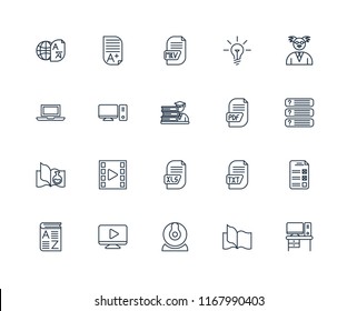 Set Of 20 linear icons such as Desk, Book, Webcam, Video player, Vocabulary, Professor, Pdf, Xls, Science book, Desktop, Mkv, editable stroke vector icon pack