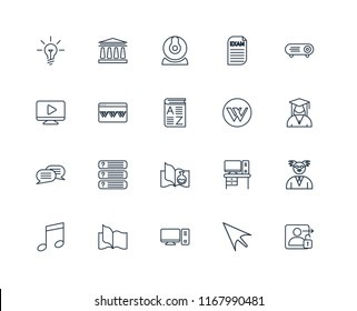 Set Of 20 linear icons such as Login, Mouse, Desktop, Book, Audio, Projector, Wikipedia, Science book, Chat, Browser, Webcam, editable stroke vector icon pack