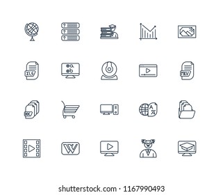 Set Of 20 linear icons such as Learning, Professor, Video player, Wikipedia, Image, Desktop, Document, Test, Student, editable stroke vector icon pack
