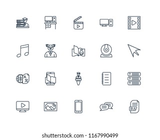 Set Of 20 linear icons such as Xls, Chat, Smartphone, Image, Video player, Webcam, Lecture, Translator, Professor, editable stroke vector icon pack