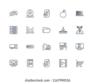 Set Of 20 linear icons such as Shopping cart, Video player, Xls, Audiobook, Learning, Ebook, University, Science book, Desktop, Statistics, Pdf, editable stroke vector icon pack