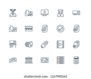 Set Of 20 linear icons such as Exam, Questions, Image, University, Chat, Desktop, Verification, Pendrive, Desk, Browser, Video player, editable stroke vector icon pack