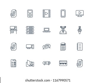 Set Of 20 linear icons such as Xls, Browser, Projector, Science book, Test, Video player, Professor, Chat, Pdf, Questions, editable stroke vector icon pack