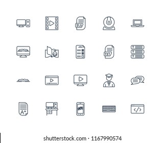 Set Of 20 linear icons such as Code, Keyboard, Smartphone, Desk, Homework, Laptop, Txt, Video player, Open book, Science Xls, editable stroke vector icon pack