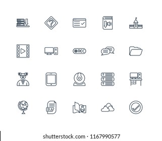 Set Of 20 linear icons such as Verification, Cloud, Science book, Xls, Geography, University, Chat, Webcam, Professor, Desktop, Test, editable stroke vector icon pack