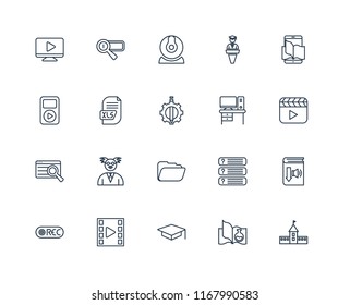Set Of 20 linear icons such as University, Science book, Mortarboard, Video player, Record, Ebook, Desk, Folder, Search, Xls, Webcam, editable stroke vector icon pack
