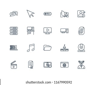 Set Of 20 linear icons such as Professor, Browser, Touchscreen, Certificate, Video player, Login, Desktop, Folder, Ebook, Desk, Record, editable stroke vector icon pack