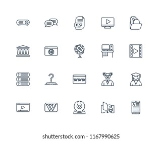 Set Of 20 linear icons such as Ereader, Science book, Webcam, Wikipedia, Video player, Folder, Desk, Browser, Questions, Xls, editable stroke vector icon pack