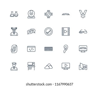 Set Of 20 linear icons such as Audiobook, Video player, Cloud, Desk, Student, Medal, Keyboard, Xls, Chat, Chip, editable stroke vector icon pack