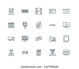 Set Of 20 linear icons such as Ebook, Professor, Exam, Projector, Student, Code, Open book, Chat, Desktop, Geography, Video player, editable stroke vector icon pack