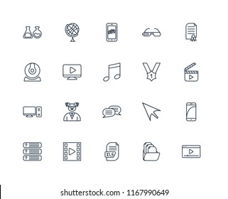 Set Of 20 linear icons such as Video player, Folder, Xls, Questions, Certificate, Medal, Chat, Desktop, Smartphone, editable stroke vector icon pack