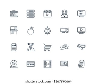 Set Of 20 linear icons such as Xls, Search, Video player, Browser, Webcam, Test, Desktop, Shopping cart, Exam, Apple, editable stroke vector icon pack