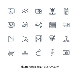 Set Of 20 linear icons such as Browser, Listening, Apple, Video player, Shopping cart, Test, Questions, Statistics, Xls, Touchscreen, editable stroke vector icon pack