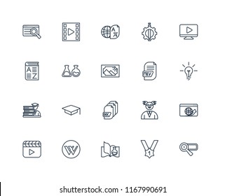 Set Of 20 linear icons such as Search engine, Medal, Science book, Wikipedia, Video player, Mkv, Document, Student, Chemistry, Translator, editable stroke vector icon pack