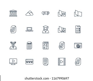 Set Of 20 linear icons such as Xls, Video player, Homework, Browser, Book, Science book, Vocabulary, Professor, Laptop, Projector, editable stroke vector icon pack