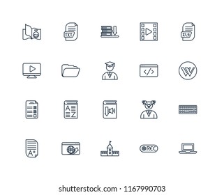 Set Of 20 linear icons such as Laptop, Record, University, Browser, Homework, Xls, Code, Audiobook, Test, Folder, Ebook, editable stroke vector icon pack
