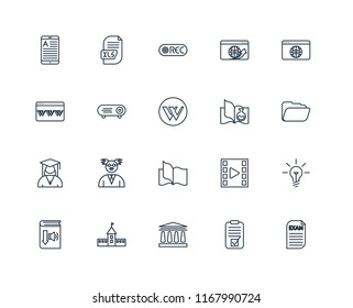 Set Of 20 linear icons such as Exam, Test, University, Audiobook, Browser, Science book, Book, Student, Projector, Record, editable stroke vector icon pack