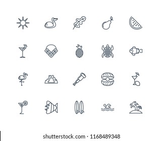 Set Of 20 linear icons such as Island, Swimming, Surfboard, Fish, Tropical drink, Watermelon, Tortoise, Spyglass, Flamingo, Flower necklace, Leaf, editable stroke vector icon pack