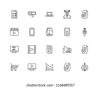 Set Of 20 linear icons such as De, Xls, Statistics, Video player, Shopping cart, Pdf, Mp3, Homework, Test, Smartphone, Laptop, editable stroke vector icon pack