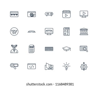 Set Of 20 linear icons such as De, Idea, Science book, Code, Search engine, Video player, Vocabulary, Keyboard, Professor, Open Projector, editable stroke vector icon pack