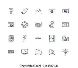 Set Of 20 linear icons such as Idea, Science book, Book, Video player, Keyboard, Touchscreen, Xls, Open Vocabulary, Verification, Cloud, editable stroke vector icon pack