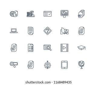 Set Of 20 linear icons such as Geography, Tablet, De, Txt, Search engine, Document, Science book, Search, Pdf, Homework, Test, editable stroke vector icon pack