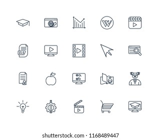 Set Of 20 linear icons such as Learning, Shopping cart, Video player, De, Idea, Mouse, Test, Certificate, Statistics, editable stroke vector icon pack