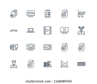 Set Of 20 linear icons such as Keyboard, Statistics, Student, Txt, Shopping cart, Video player, Image, Translator, Laptop, Test, editable stroke vector icon pack