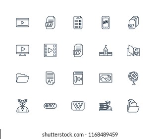 Set Of 20 linear icons such as Folder, Student, Wikipedia, Record, Professor, Document, University, Audiobook, Video player, Test, editable stroke vector icon pack