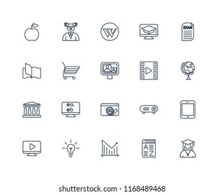 Set Of 20 linear icons such as Student, Vocabulary, Statistics, Idea, Video player, Exam, Browser, University, Shopping cart, Wikipedia, editable stroke vector icon pack