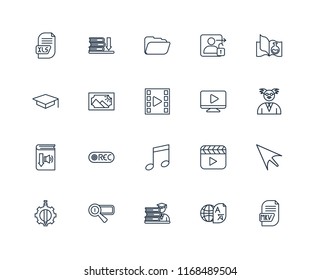 Set Of 20 linear icons such as Mkv, Translator, Student, Search engine, De, Science book, Video player, Audio, Audiobook, Image, Folder, editable stroke vector icon pack