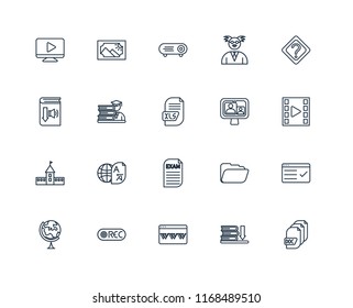 Set Of 20 linear icons such as Document, Ebook, Browser, Record, Geography, Question, Video call, Exam, University, Student, Projector, editable stroke vector icon pack