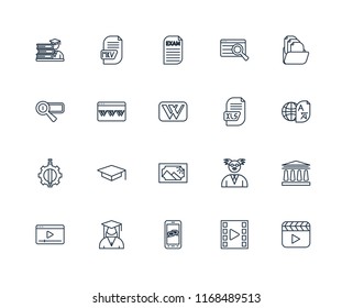 Set Of 20 linear icons such as Video player, Smartphone, Student, Folder, Xls, Image, De, Browser, Exam, editable stroke vector icon pack