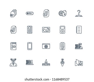 Set Of 20 linear icons such as Science book, Lecture, University, Ebook, Professor, Tutorial, Mp3, Browser, Audiobook, Ereader, Xls, editable stroke vector icon pack