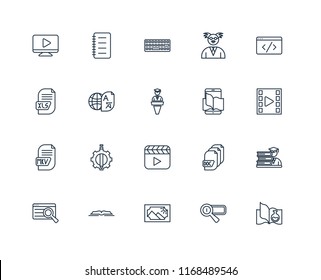 Set Of 20 linear icons such as Science book, Search engine, Image, Open Search, Code, Ebook, Video player, Mkv, Translator, Keyboard, editable stroke vector icon pack