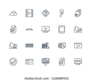 Set Of 20 linear icons such as Ebook, Xls, Video call, Test, Verification, Document, Tablet, Student, Science book, Open Question, editable stroke vector icon pack